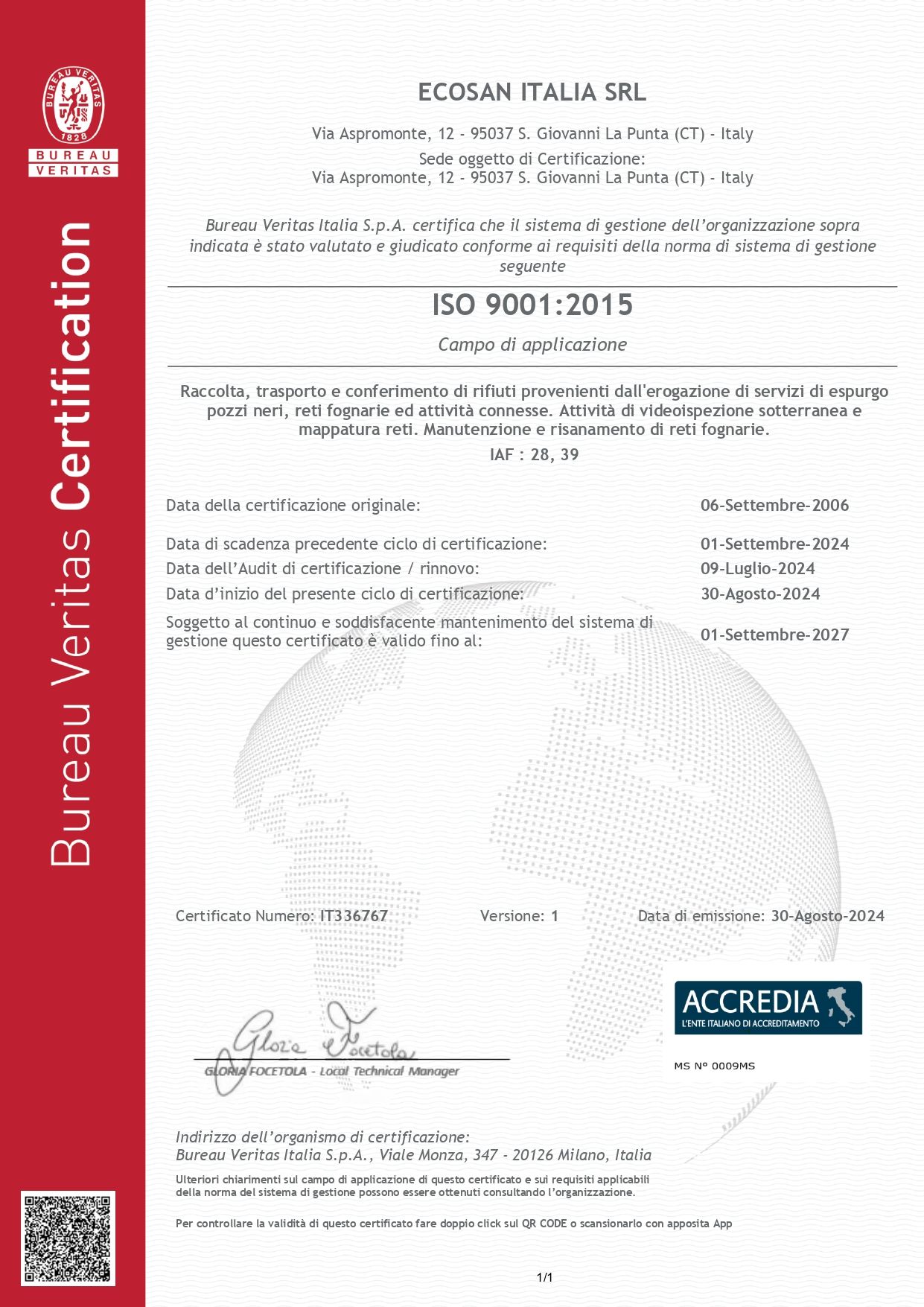 Certificazione Ecosan Italia Srl