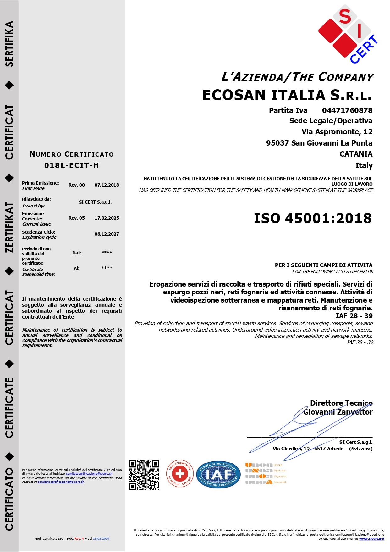 Certificazione Ecosan Italia Srl