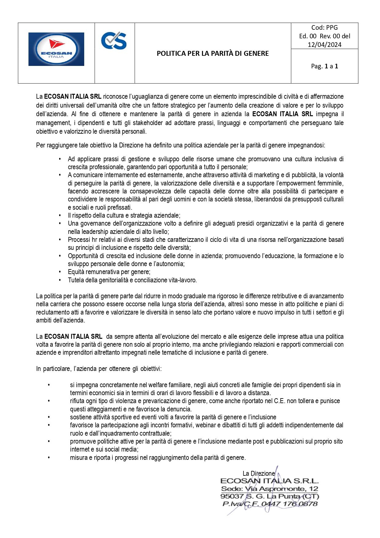 Certificazione Ecosan Italia Srl