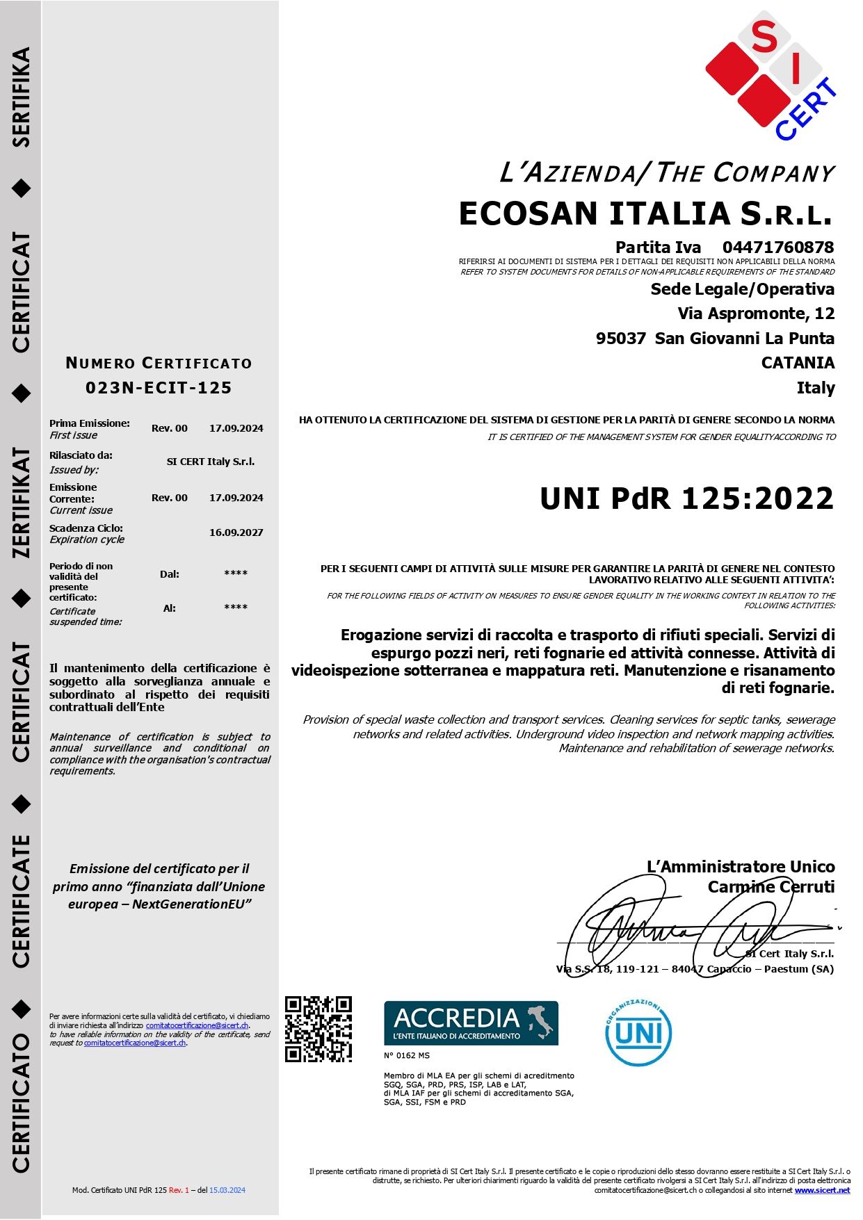 Certificazione Ecosan Italia Srl