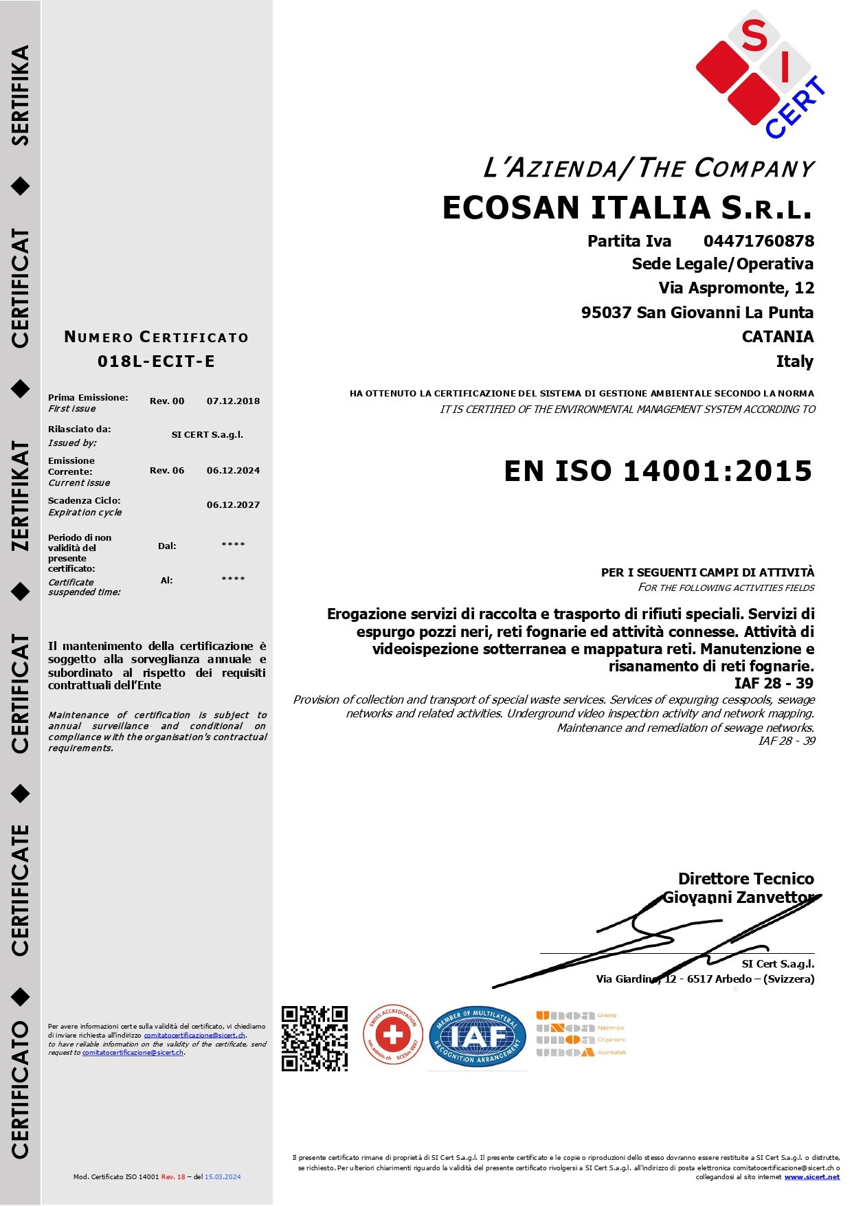 Certificazione Ecosan Italia Srl